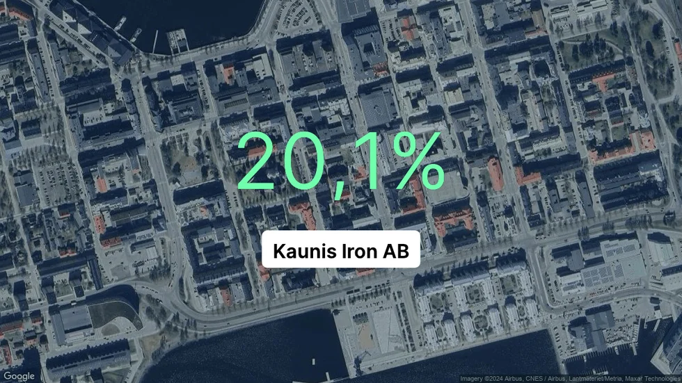 Illustrationen visar rörelsemarginalen för Kaunis Iron för det senaste året. Bakgrunden är en satellitbild över företagets adress.