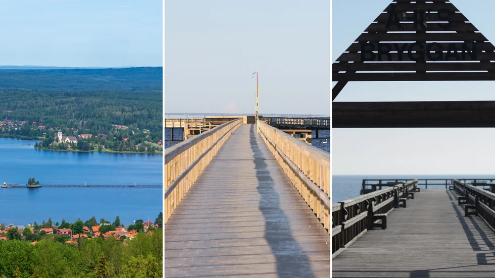 Motalapolitiker vill bygga en långbrygga i Varamon. På bilden syns från vänster Långbryggan i Rättvik, Långa bryggan i Bjärred och Åhusbryggan i Åhus.