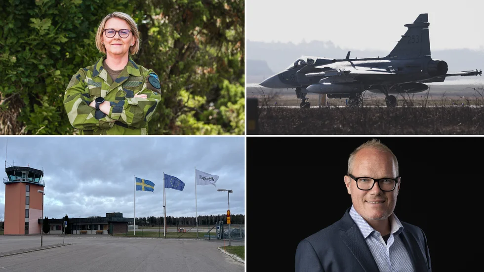 Therese Åkerstedt vid Flygvapnet och David Hofmann, Eskilstuna logistik och etablering AB, är positiva till övningen med Gripenplan på Eskilstuna flygplats. 
