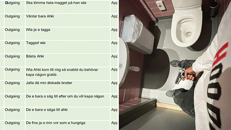 Till vänster syns meddelanden som den åtalade 15-åringen har skickat angående misstänkt förberedelse till mord på en okänd person. Till höger en bild som pojken tog inne på skoltoaletten på Trångsundsskolan två dagar före skottlossningen den 4 september 2024.