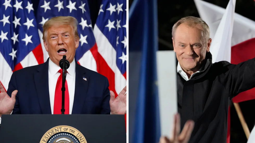 Två Donald: den ena bryter ner demokratin, den andra bygger upp den igen. Från vänster: USA:s president Donald Trump och Polens premiärminister Donald Tusk.