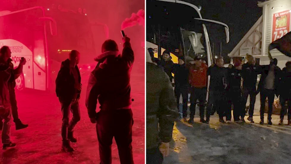 Här överraskar Boden Hockey av supporterklubben Redstorm som tog emot laget när de rullade in på Björknäshallens parkering.