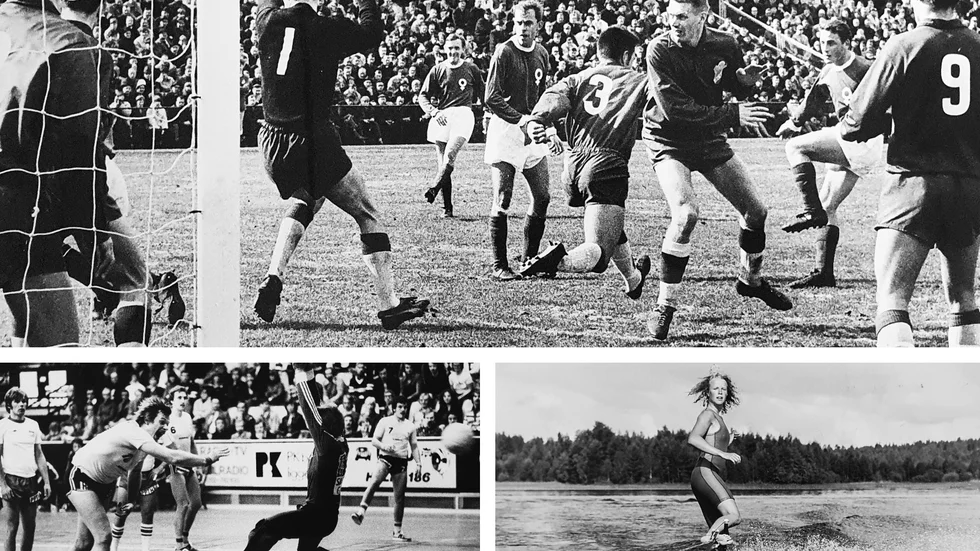 Allsvensk premiär i fotboll våren 1968, Öster mot ÅFF, inför drygt 14 000 åskådare på Värendsvallen. ÅFF-arna i bild är fr v: Janne Olsson, Berndt Söderström och Bertil Andersson. Öster vann serien och ÅFF blev sjua. Nere till vänster ses Saabs landslagsman i handboll, Björn "Lurch" Andersson, när Saab i mars 1977 kvalade mot Malmberget för att hänga kvar i högsta serien. Till höger vattenskidåkaren Helena Kjellander från Ödeshög i ett Correnreportage 1983.