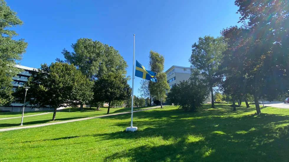 På flera platser i Brandkärr vajar flaggan på halv stång.