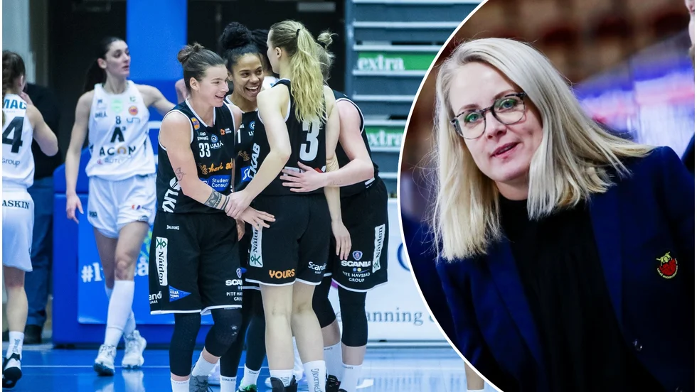 Guldmakerskan Malin Holmqvist lämnar båset i ishallen och återvänder till bänken vid parketten i baskethallen.
