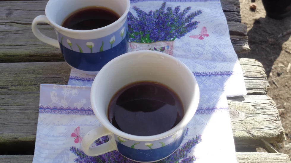 Njutbar stund på en bro utanför stan. En kopp gott kaffe och vackra servetter ger vardagsglädje, tycker Berit Gabrielsson.
