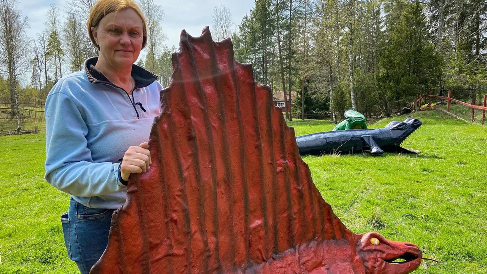 Itte Weidman står vid en av dinosaurierna som har anlänt till Sagostigen. Fler är att vänta, bland annat en tre meter hög t-rex.