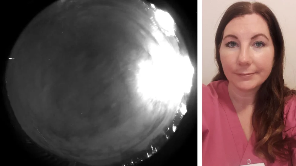 Bildbeviset är inte så tydligt för en lekman. I vänstra kanten syns boliden som ett litet vitt streck. I högra kanten lyser månen upp. Anna Larsson såg den på ett mer spektakulärt vis över Skänninge.
