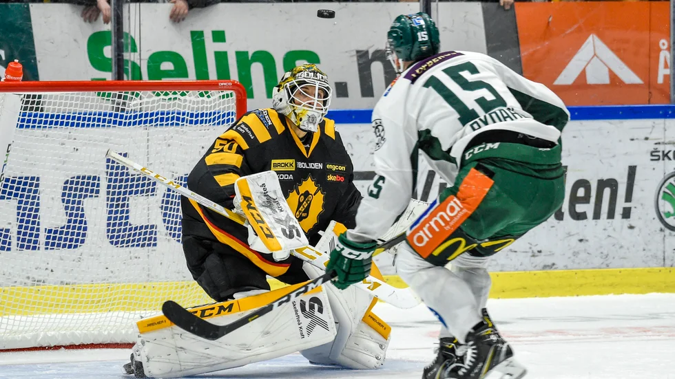 Färjestads Gustav Rydahl ensam med  Skellefteås målvakt Mantas Armalis i AIK:s segermatch på hemmaplan.
