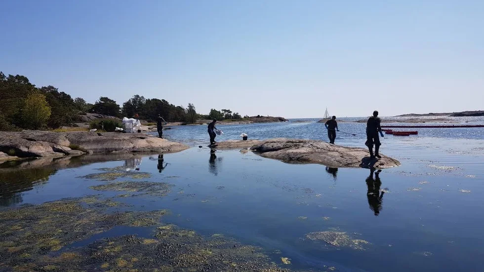 Så här såg det ut i somras när frivilliga hjälpte till med att sanera olja efter grundstötningen.