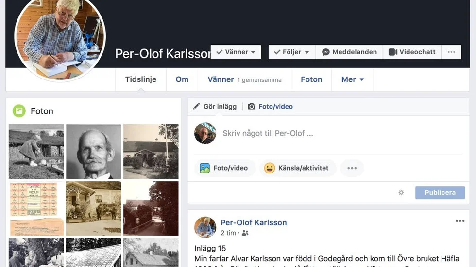 Pelle på Lusuddens startsida på Facebook, där han publicerar berättelser ur sitt liv.