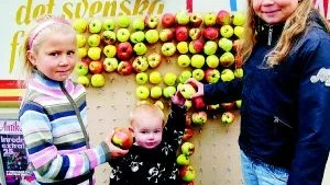 Äppeltavla. Selma Nilsson, till vänster, och Wilma Nilsson som hjälper Lukas Karlsson att få äpplen på plats.