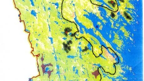 Miljö- och byggnadskontorets karta över platser med förfrågningar om placering av vindkraftverk i Västerviks kommun.