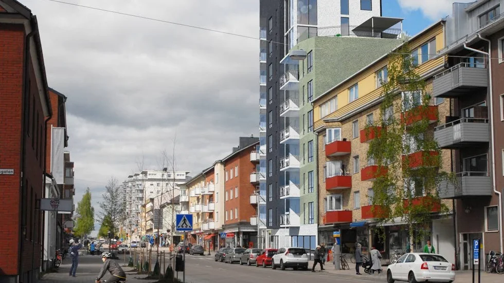 Högt. Tanken är att HSB ska bygga ett höghus med 32 bostäder i korsningen Kungsgatan/Köpmangatan.