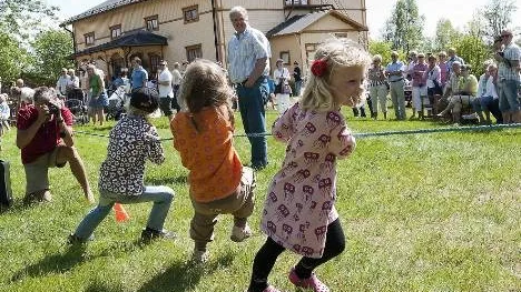 Midsommarstången bars på plats av frivilliga krafter. Sedan var det dags för danslekar i det gröna.