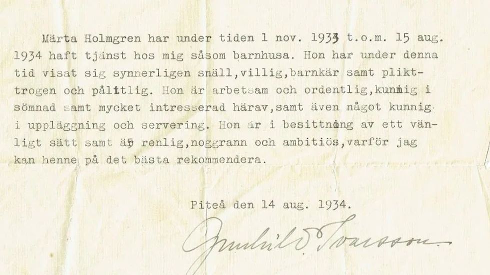REKOMMENDATIONSBREVET. Doktor Gunhild Ivarsson, Piteå, omdöme om Märta Holmgren.