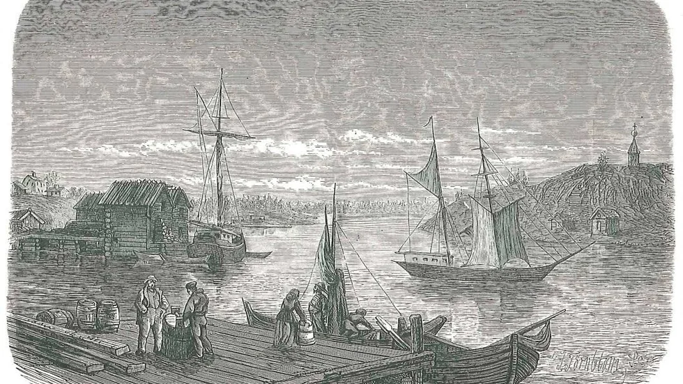 Bondsonens start. Ratans hamn norr om Umeå. Här preparerade Pehr Stenberg sina kunskaper för fortsatta studier 1773. Teckning av Fritz von Dardel, överför i xylografi av I Törnblom i Ny Illustrerad Tidning 1869.