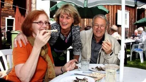 Ulla och Rolf Eriksson från Piteå hölls inte på halster. De fick snabbt serverad strömming av Barbro Granström (mitten)