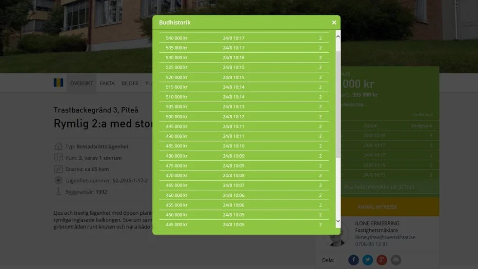 En gång i minuten har ett nytt bud från samma budgivare trillat in.
