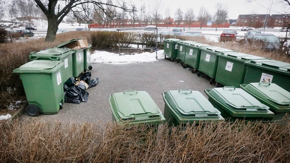 Sopstationen är avsedd för boende i fastigheten, men ligger öppet. Problemet med fuldumpning är stort, enligt fastighetsägaren.
