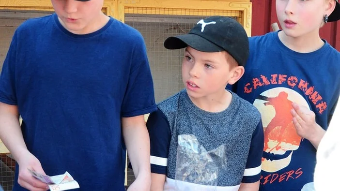 Viktor Lindberg Bergentoft, Neo Ågren och Elliot Wargenclou är glada bakom fikabordet. Det är mycket kontanter att hantera.