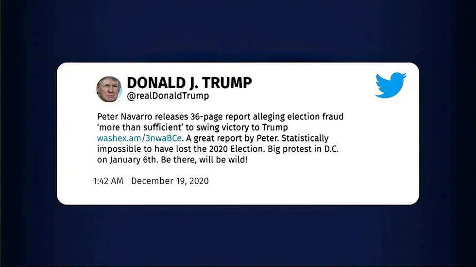 Inlägget som USA:s dåvarande president Donald Trump postade på Twitter: "Stor protest i DC den 6 januari. Kom dit, det kommer gå vilt till," skrev presidenten den 19 december.