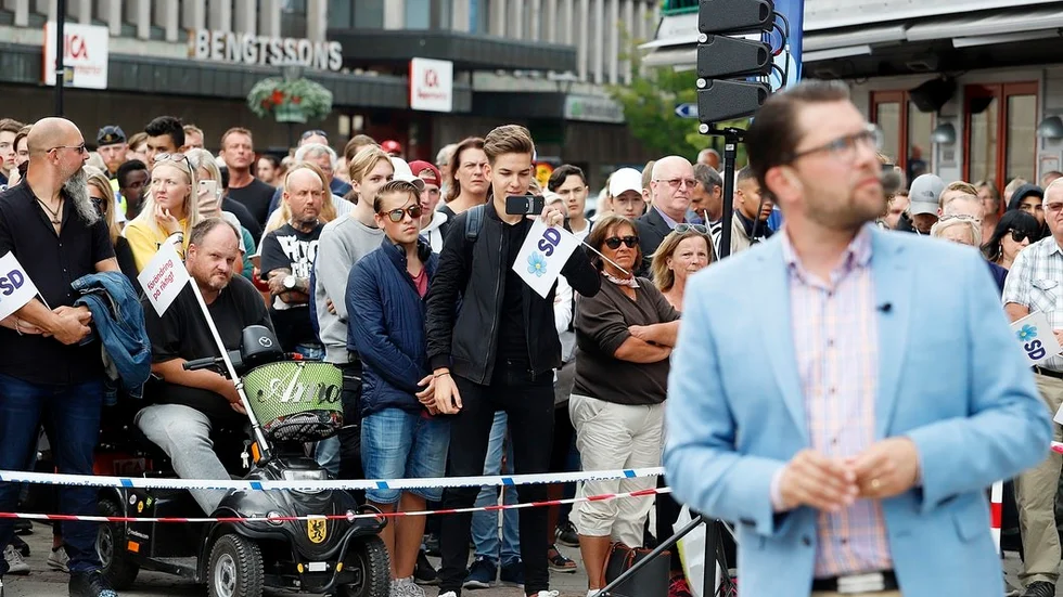 Sverigedemokraternas Jimmie Åkesson på Gyllenhjelmstorget i Strängnäs.
