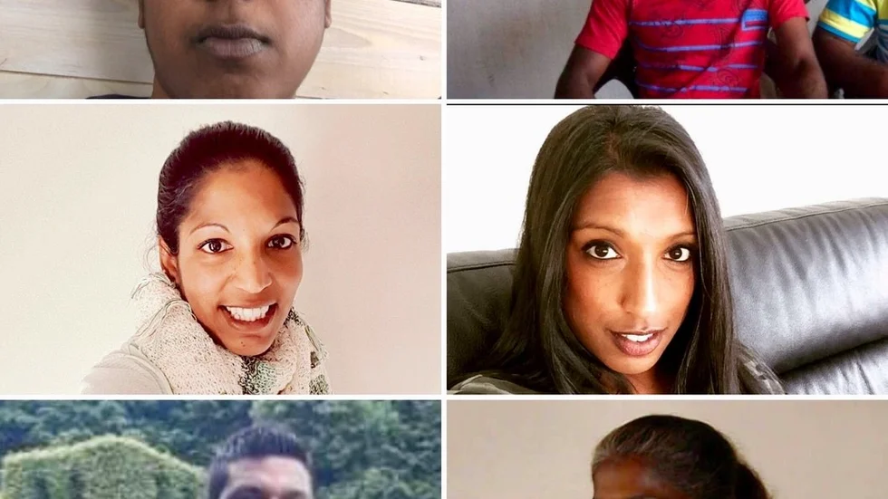 Maria Remstam och hennes biologiska familj. Ajith, 37 år, Fab, 36 år, Victoria 35 år, Dinsch 26 år och mamma Sita. Saknas gör storasyster Nila som bor på Sri Lanka.
