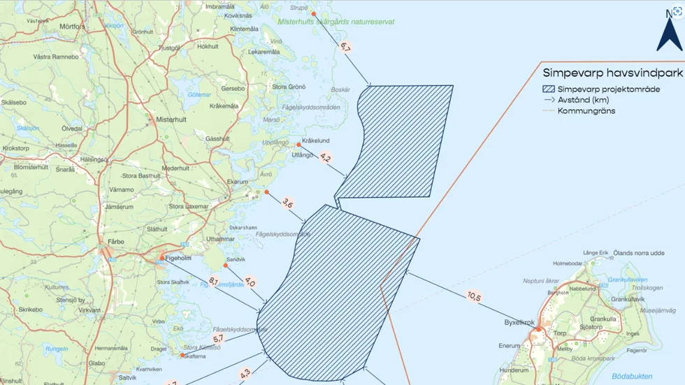 De två blåa områdena ska fyllas av vindkraftverk, framåt 2030, om Cloudberry offshore wind AB får sin vilja igenom. Enligt tidningen Barometern kommer det mer sannolikt att handla om 70 verk, om man behåller höjden på 350 meter.