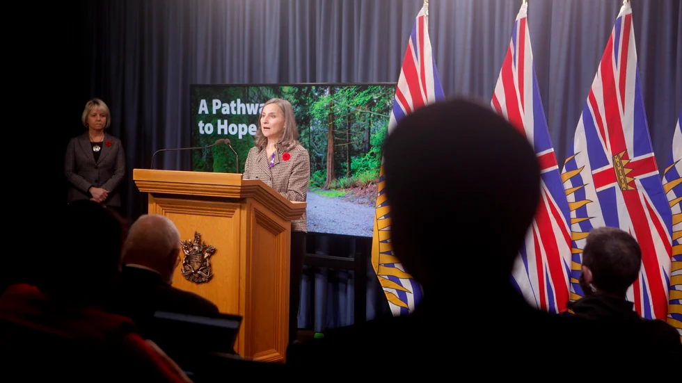 Bonnie Henry, högsta vårdchef i British Columbia, aviserade den avkriminaliserade lagändringen vid en pressträff i november förra året. Arkivbild.