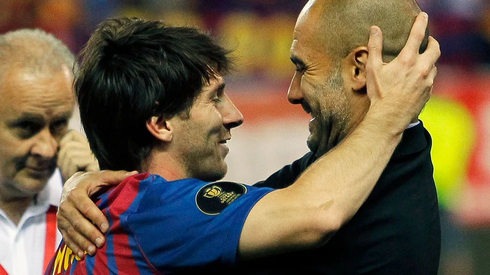 Lionel Messi och Pep Guardiola under sin tid i Barcelona. Arkivbild.