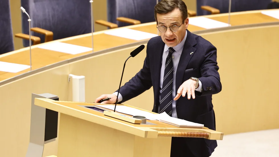 Statsminister Ulf Kristersson (M) under den EU-politiska partiledardebatten i riksdagen.