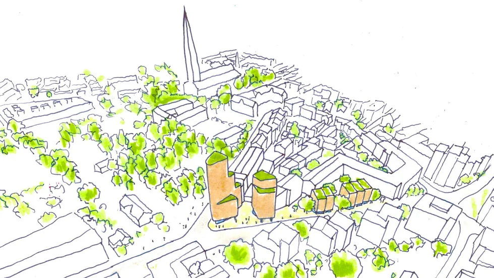 En tidig skiss på Centrias och Stångåstadens planer, med ett höghus där Storgatan och Drottninggatan möts.