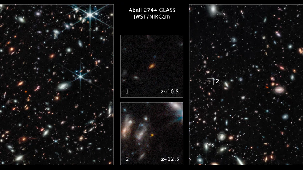 Här syns bilderna från James Webb-teleskopet. De två galaxer som bedöms ha bildats för 350 respektive 450 miljoner år sedan är inzoomade i mitten av bilden.