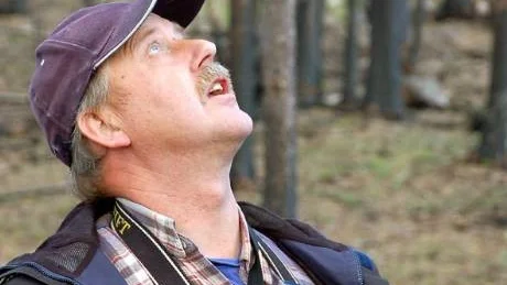 Lars Sundberg, Bodens Naturskyddsförening, kollar ett träd i brandområdet i Bodträskfors.