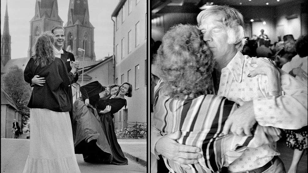 Bilder från boken "Arbete och gemenskap". Till vänster studenter på väg till vårbal, till höger ett par som njuter av mogendansen i Gränbys folkpark.