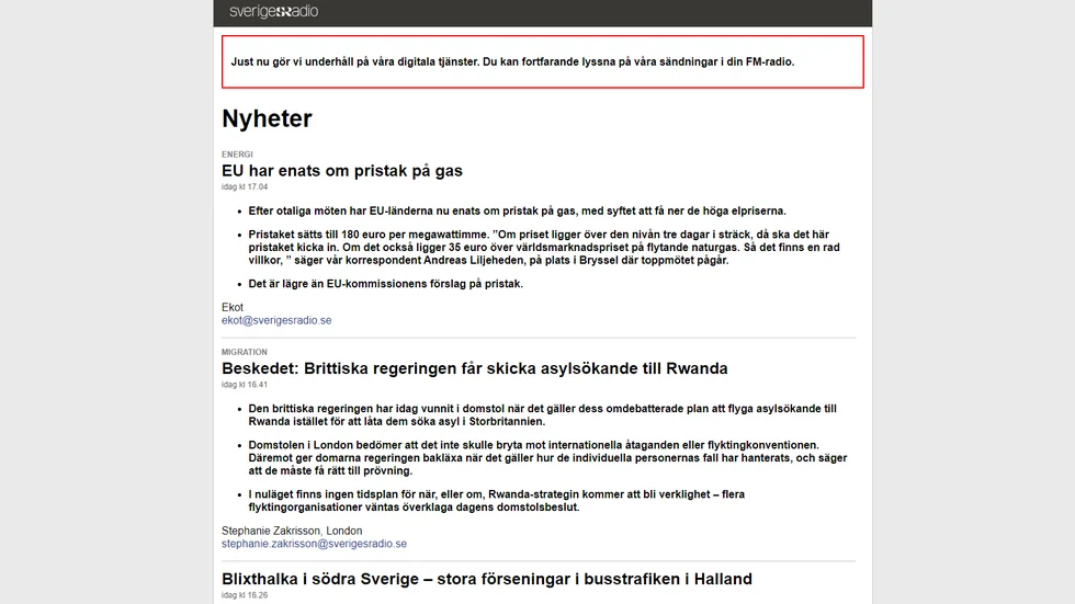 Vissa besökare möttes av det här, vilket ser ut att vara en back-up-sajt. Nyheterna som syntes var dock inte aktuella, utan publicerades i december.