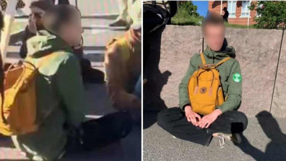 Klimataktivisten på bild där han är med och stoppar trafiken, till vänster, och en annan bild, till höger, vid polisens förhör. 