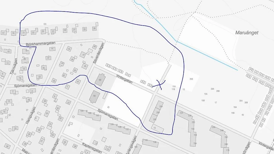Husen inom markerat område påverkas av vattenavstängningen.