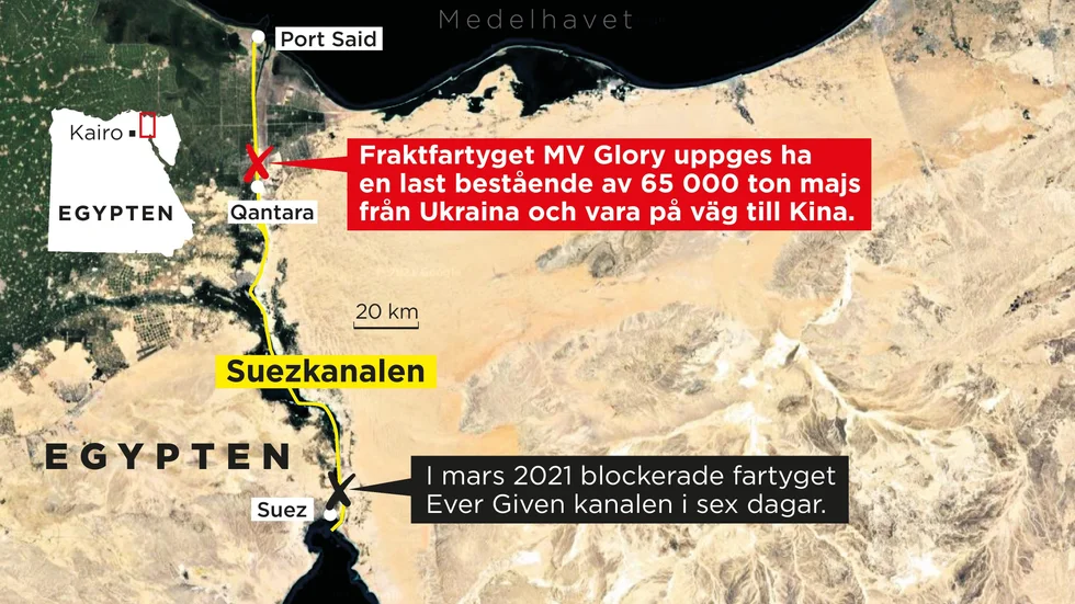 Webbkarta som pekar ut var fartyget MV Glory gick på grund.