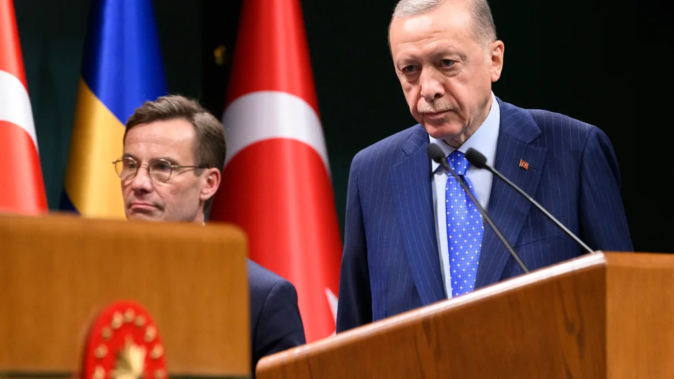 Statsminister Ulf Kristersson (M) under en presskonferens med Turkiets president Recep Tayyip Erdogan i november förra året.