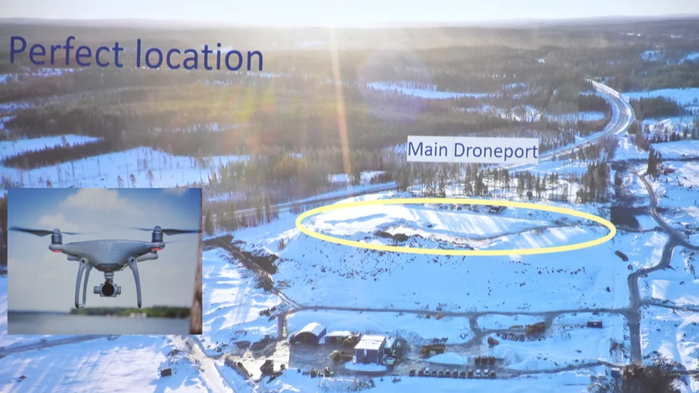 Här ska droneporten på Hammarängen Skellefteå Södra ligga, en bit från Burträskvägen. Bilderna kommer från onsdagens seminarium.