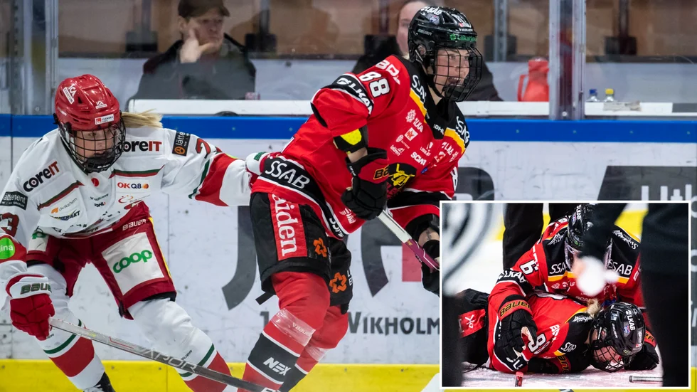 Ronja Savolainen tvingades hjälpas av isen i matchen mot Modo efter en smäll mot huvudet.