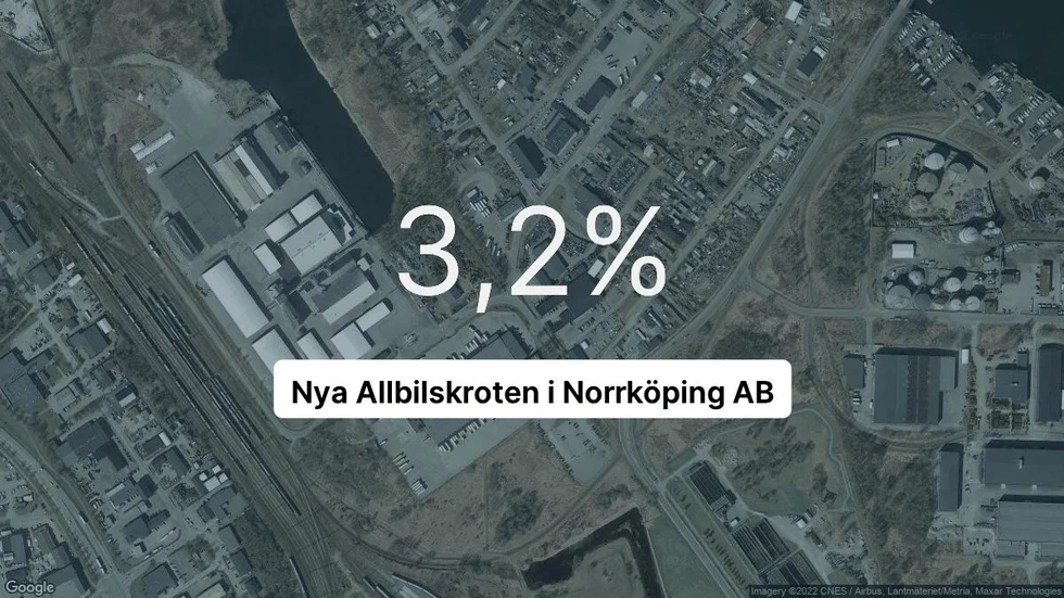 Illustrationen visar rörelsemarginalen för Nya Allbilskroten i Norrköping för det senaste året. Bakgrunden är en satellitbild över företagets adress.