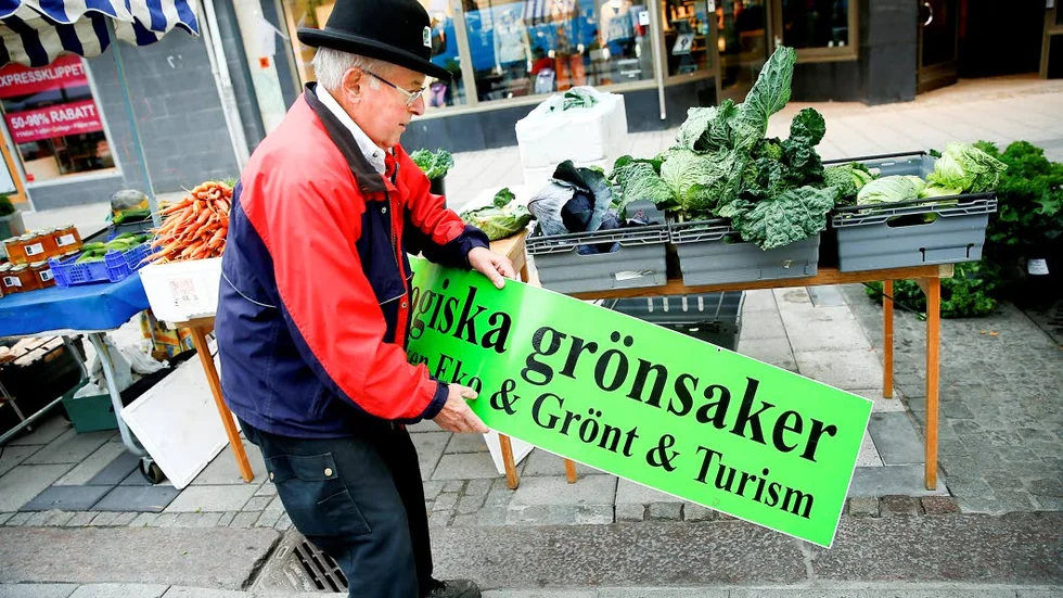 HÖGTIDLIGT. Klädd i högtidshatt gör Mauritz Haglund i ordning ståndet på fredagsmarknaden i Luleå centrum.