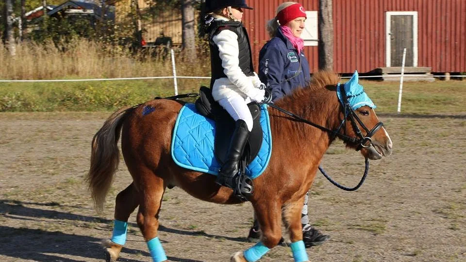 DAGS FÖR START. Emelie Larsson är på väg in på banan med Fluffy och Heidi Matila.