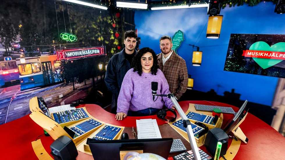 "Musikhjälpens" programledare Oscar Zia, Tina Mehrafzoon och Klas Eriksson.