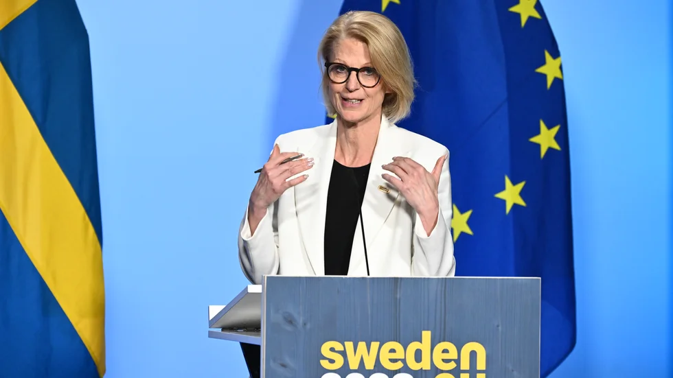 Finansminister Elisabeth Svantesson (M) under en presskonferens i samband med lördagens informella EU-möte.