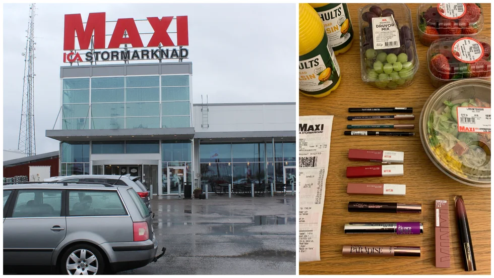 Den misstänkta stölden skedde den 1 mars på Ica Maxi i Västervik. Till höger en bild som visar de varor som kvinnan misstänks ha tagit, som inte går att lämna tillbaka, värda 1700 kronor. Ytterligare varor för 6000 kronor ingår i åtalet.