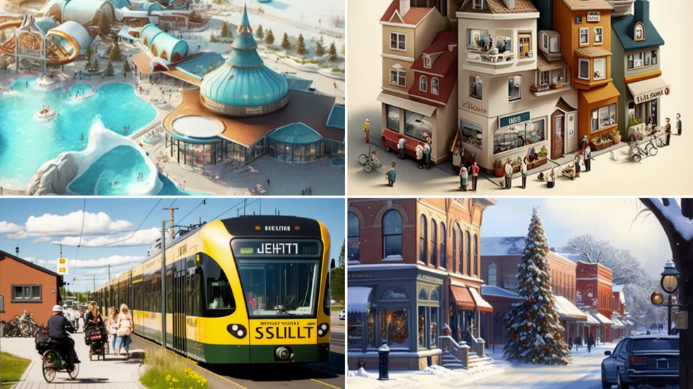AI-genererade bilder från fyra av ämnesområdena. Här ser vi Sociala fritidsaktiviteter, Smidiga förbindelser, Försörjning, skola och hälsa samt Ro & lycka.